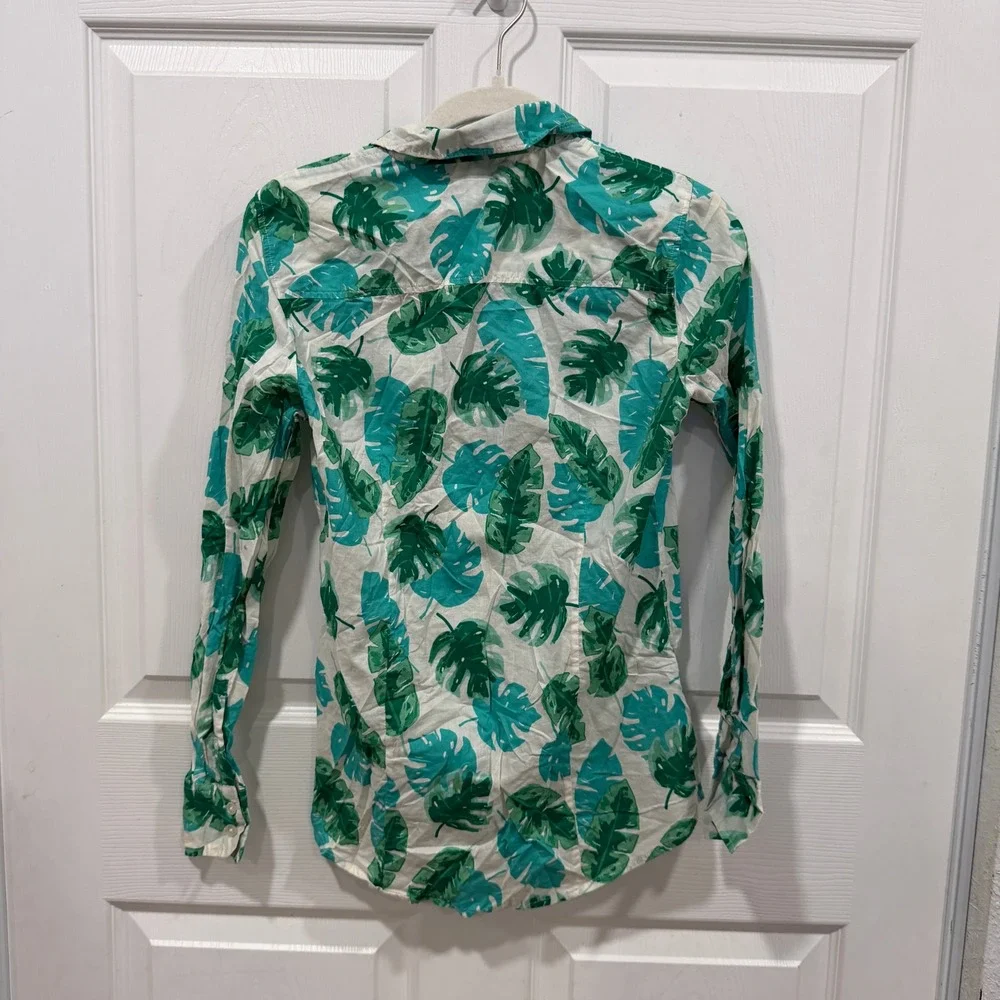 J. Crew Tropical Leaf Print Button Up Shirt XS Green White‎ Long Sleeve Cotton